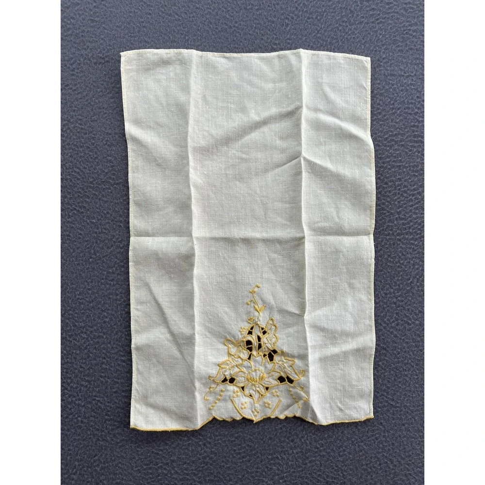 Vintage White Linen Guest Towel Yellow Floral Embroidery Cutwork Scalloped Edge